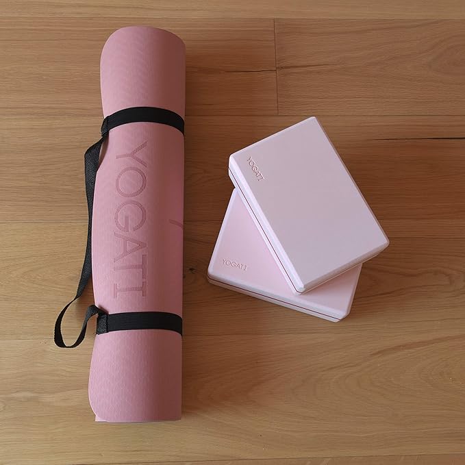 YOGATI® Yoga Mat with Strap with Alignment Lines. Home Workout Mat for Women, Men and Kids. Thick Non Slip Yoga Mat for Pilates and Fitness. Brown, Pink and Purple Yoga Mats