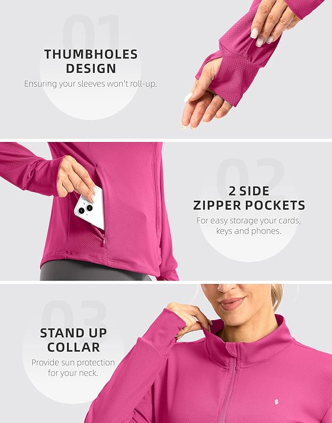 Soothfeel Women's UPF 50+ Lightweight Athletic Jackets Sun Protection Zip Up Long Sleeve Shirts Hiking Workout Outdoor Pocket