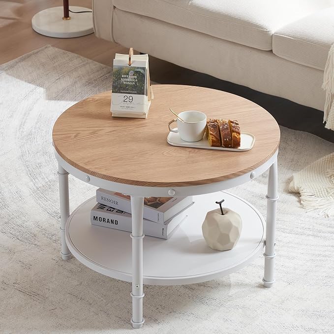 VINGLI 25.6" Natural White Round Farmhouse Coffee Table, 2-Tier Storage Wood Center Circle Accent Table for Living Room, Bedroom, Apartment, Studio and Small Spaces, Sturdy Metal Frame, Natural Color