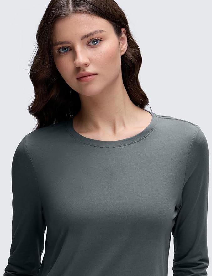 CRZ YOGA Pima Cotton Crewneck Long Sleeve Shirts for Women - Workout Athletic Yoga Casual Tops Soft Plain T-Shirt