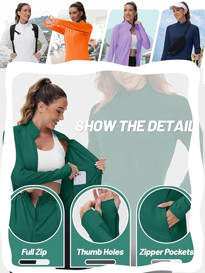 TACVASEN Women's Athletic Jackets Lightweight UV Protection Shirts Full Zip Workout Jacket UPF 50+ Long Sleeve Sun Shirt