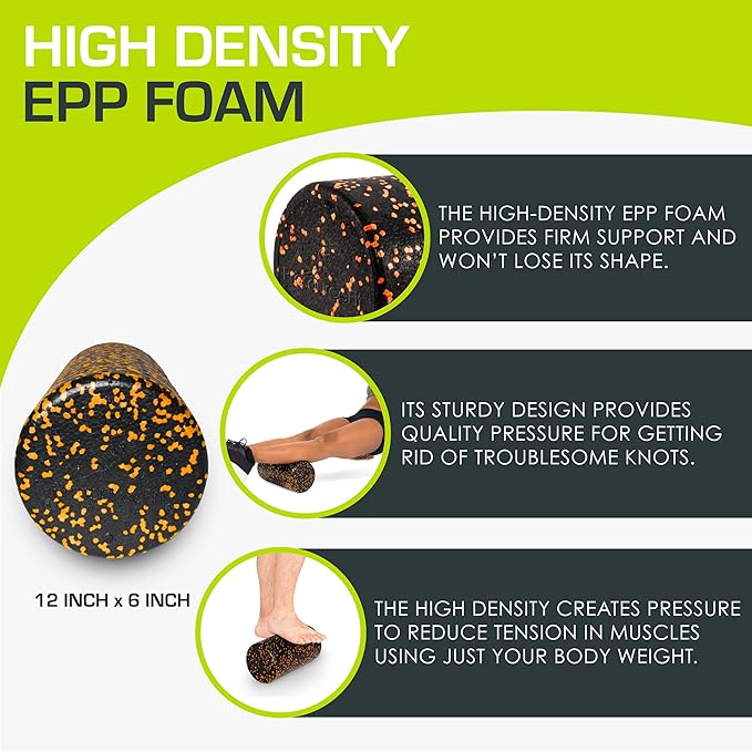 ProsourceFit High Density Foam Rollers 12 - inches long,Firm Full Body Athletic Massage Tool for Back Stretching, Yoga, Pilates, Post Workout Muscle Recuperation, Black/Orange