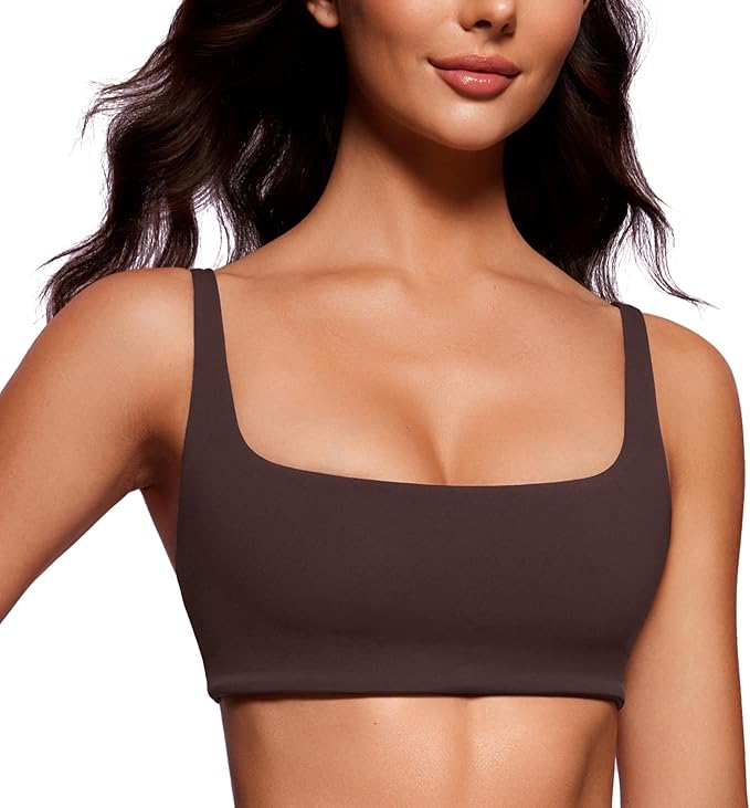 CRZ YOGA Butterluxe Square Neck Spaghetti Strap Sports Bras for Women - Low Coverage Yoga Wireless Padded Cami Crop Top