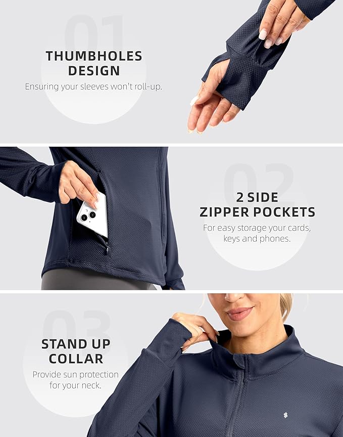 Soothfeel Women's UPF 50+ Lightweight Athletic Jackets Sun Protection Zip Up Long Sleeve Shirts Hiking Workout Outdoor Pocket