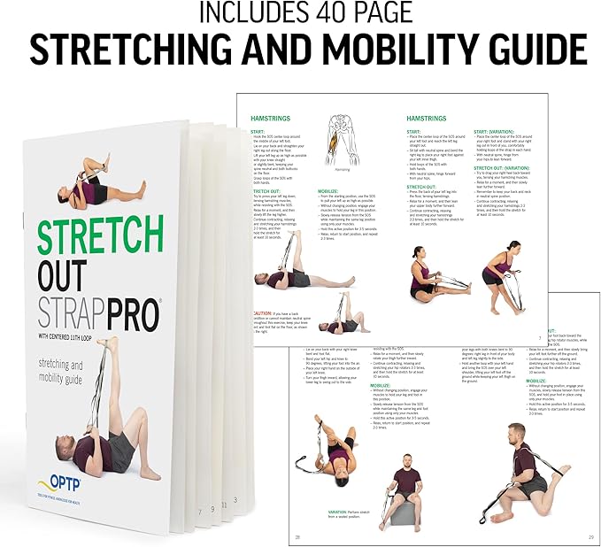 OPTP Stretch Out Strap Pro with Stretching Exercise Book, 11 Loop Stretching Strap for Yoga and Pilates, Physical Therapy Strap for Leg and Knee Recovery. Made in the USA