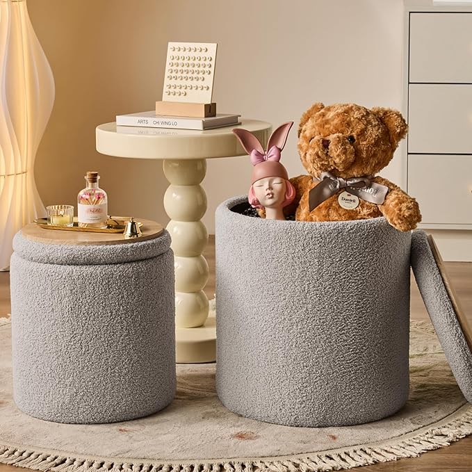 BLEXA Round Ottoman with Storage Set of 2 - Upholstered Sherpa Vanity Stool for Makeup Multifunctional Ottomans Coffee Table Padded Seat Foot Rest for Living Room & Bedroom (Sherpa Gray)