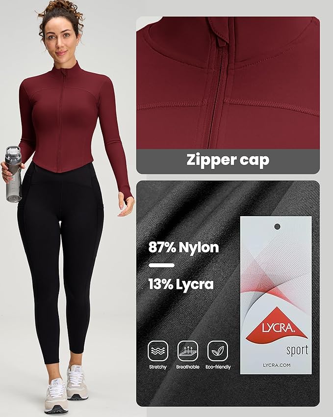 Women BBL Jacket Full Zip UP Workout Athletic Cropped Jacket wIth Thumb Holes Running Yoga Sportswear