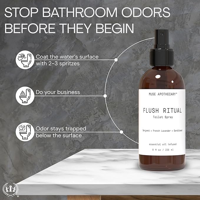 Muse Apothecary Flush Ritual - Aromatic & Refreshing Toilet Spray, Use Before You Go, 2 oz, Infused with Natural Essential Oils - Tonka Bean + Amber + Warm Cedarwood, 2 Pack