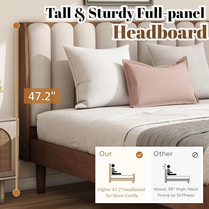 Wood Queen Size Bed Frame with Upholstered Tufted Headboard, Solid Wood Platform Bed,Mid-Century Style,No Box Spring Required, Easy Assembly,Wheat