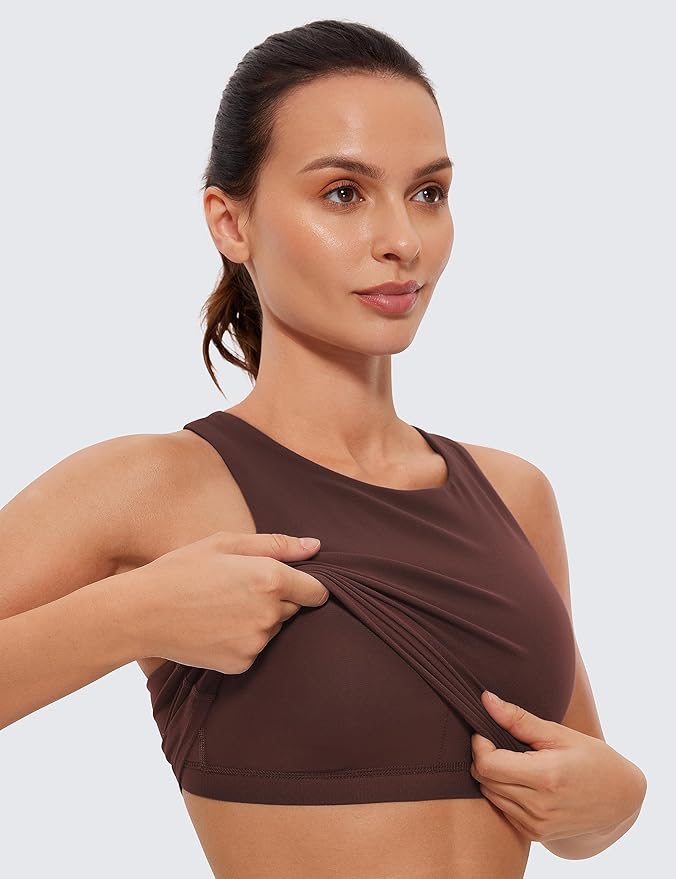 CRZ YOGA Butterluxe High Neck Crop Tank Tops for Women - Racerback Padded Longline Sports Bras Workout