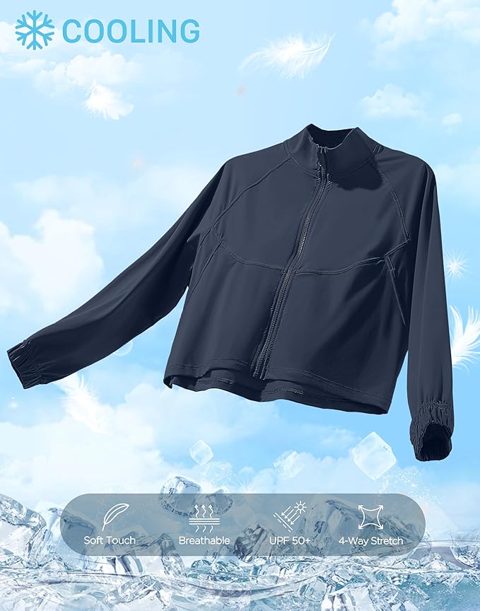Soothfeel Women's Athletic workout Jacket Lightweight UPF 50+ Long Sleeve Sun Protection Shirts Zip Up Cropped Hiking Tops