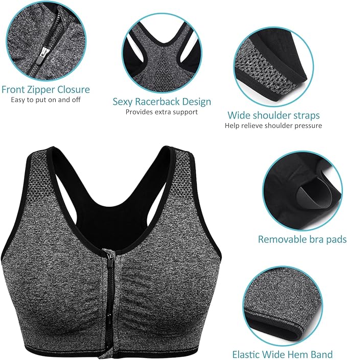 Women's Zip Front Sports Bra Wireless Post-Surgery Bra Active Yoga Sports Bras