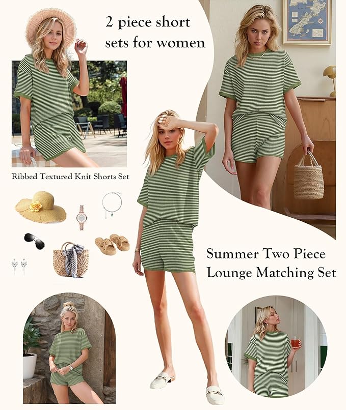 MARZXIN Women 2 Piece Shorts Set 2026 Casual Summer Cruise Outfits Ribbed Loose Short Sleeve Pocket Matching Lounge Sets