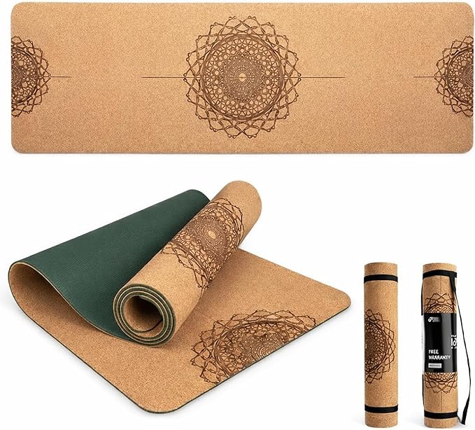 Workout Mat with Carrying Strap - 6mm Thick Cork Yoga Mat (72” x 24”) - Non-Slip Cork Mat for Home, Gym, Fitness & Hot Yoga - Lightweight, Cushioned, Durable & Sweat-Resistant by Fitby