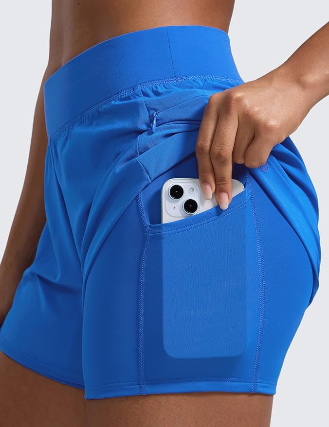 CRZ YOGA 2 in 1 Double Layer Running Shorts for Women 3" - High Waisted for Athletic Tennis Workout with Zip Pockets