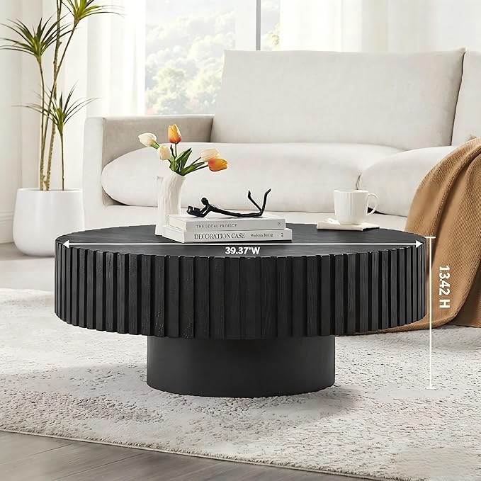 KEVINSPACE Round Coffee Table, 39" Big Wooden Fluted Coffee Table with Fluted Base, Circle Accent Center Table for Living Room Apartment Office Small Space, Easy Assembly, Black