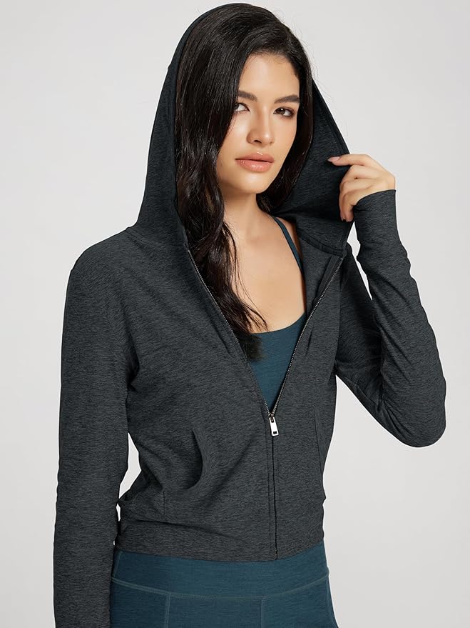 ODODOS Women's Full-Zip Cropped Hoodie - odSTRATUM Tech Ultra Soft UPF 50+ Hooded Jacket with Pockets