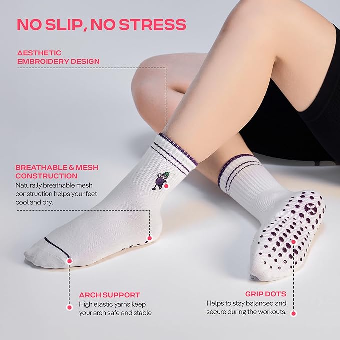 CoolMate Pilates Socks with Grips for Women, Yoga Socks, Crew Non Slip Women for Barre, Pilates Gifts for Women