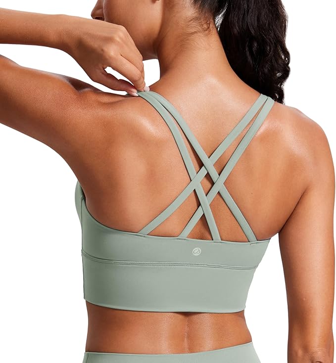 CRZ YOGA Naked Feeling Strappy Longline Sports Bras for Women - Medium Impact Criss Cross Yoga Padded Workout Crop Top