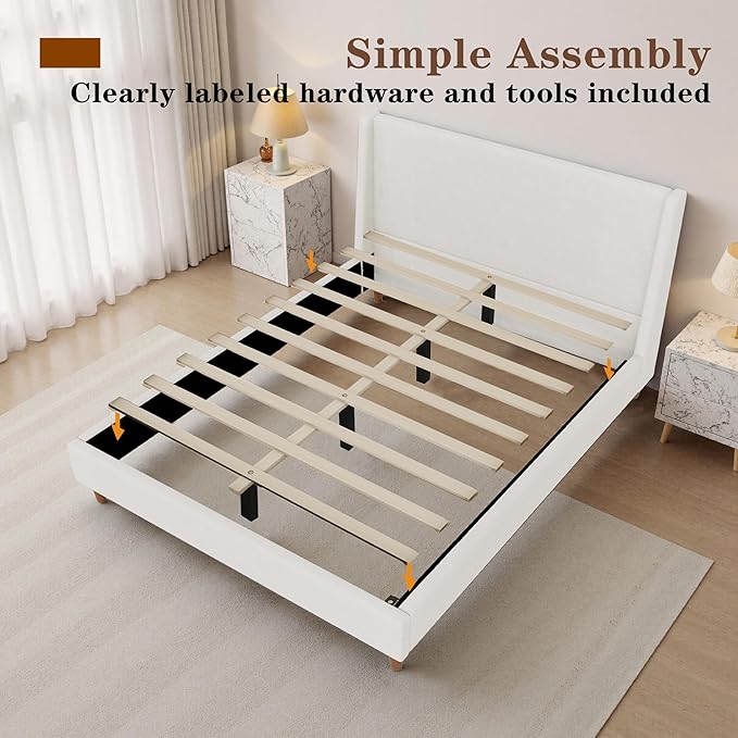 Upholstered Bed Frame Queen Size, 43" Tall Headboard Wingback Upholstered Platform Beds Bedframe for Kids Teens Adults Bedroom Strong Wood Slats Support No Box Spring Needed, Ivory Boucle