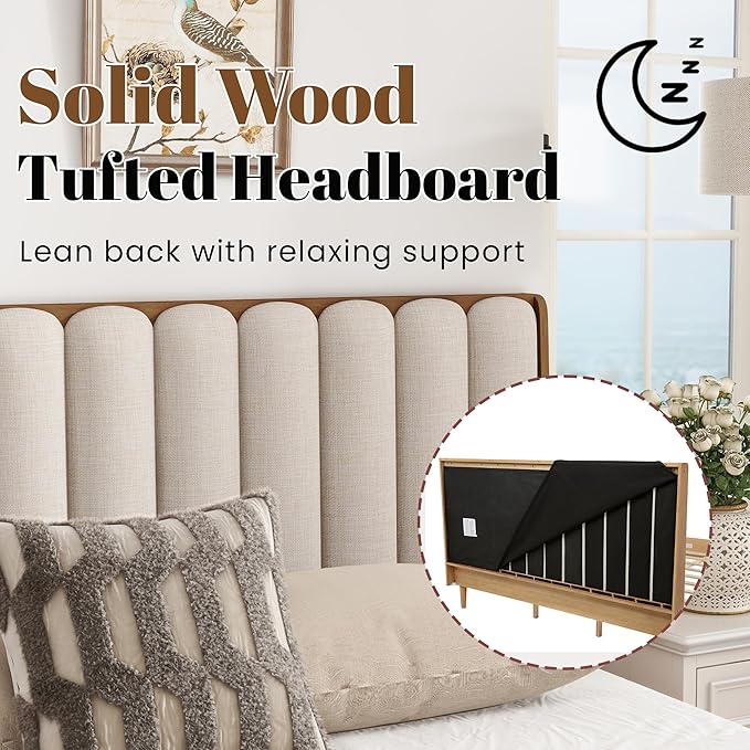 Wood King Size Bed Frame with Upholstered Tufted Headboard, Solid Wood Platform Bed,Mid-Century Style,No Box Spring Required, Easy Assembly,Wheat