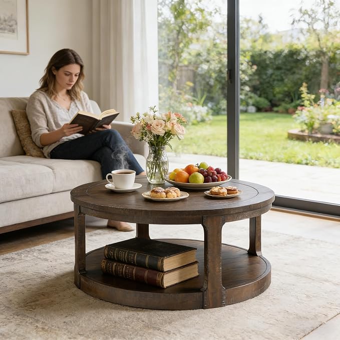 40" Round Wood Coffee Table, 2 Tier Modern Center Table with Roller Wheels,Solid Wood+MDF, Easy Assembly, Accent Table for Living Room, Apartment, Small Space.(Dark Brown)