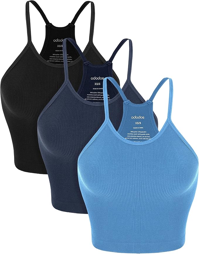 ODODOS Women's Crop 3-Pack Seamless Rib-Knit Camisole Crop Tank Tops