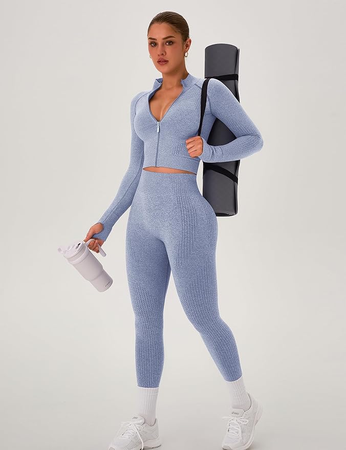 OLCHEE Womens Workout Sets 2 Piece Seamless Yoga Outfits Long Sleeve Zipper Jacket High Waist Leggings Butt Lifting Gym Set