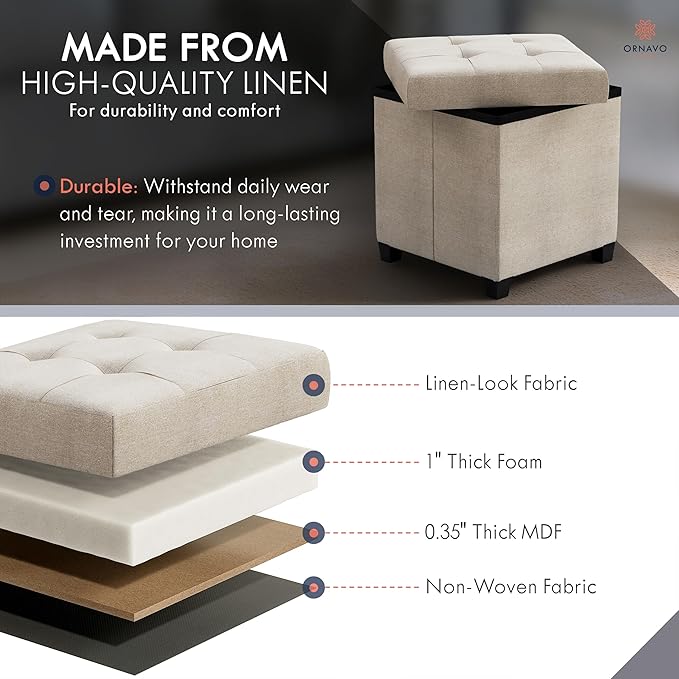 Ornavo Home Storage Ottoman with Legs, Square Cube Foot Rest Stool Seat, for Living Room, Bedroom, Home Office, Dorm - 15 x 15 x 15, Beige