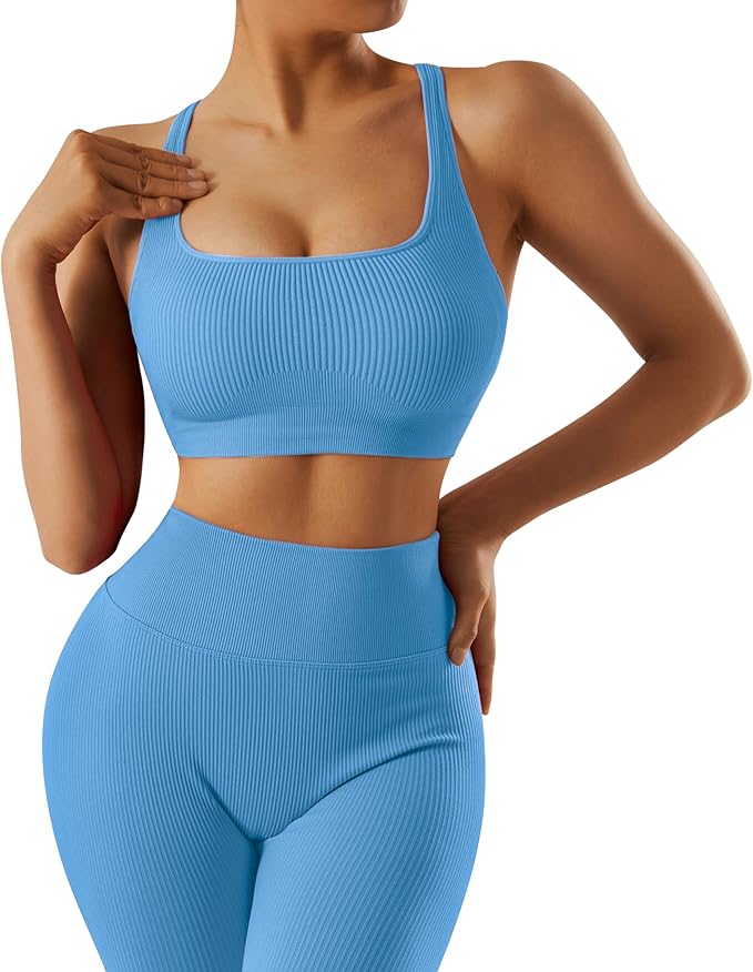 RXRXCOCO Ribbed Workout Sets for Women 2 Piece Backless Strappy Sports Bra Seamless Leggings Matching Set Yoga Outfits