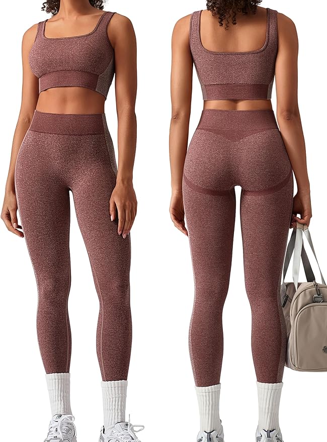 OLCHEE Womens Workout Sets 2 Piece Seamless Square Neck Sports Bra Padded Butt Lifting Leggings High Waist Yoga Gym Outfits