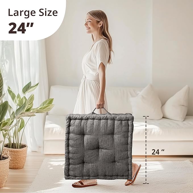 Intelligent Design Large Floor Pillow for Adults Yoga or Meditation Cushion with Handle, Floor Cushion for Board Games, Lustrous Chenille Tufted, Handsewn Scalloped Edge, Azza, 24" x 24" x 5" Charcoal