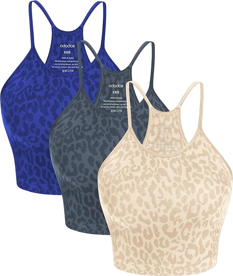 ODODOS Women's Crop 3-Pack Seamless Rib-Knit Camisole Crop Tank Tops