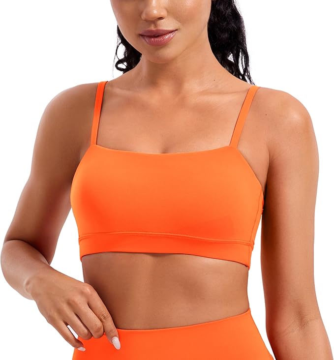 CRZ YOGA Butterluxe Womens Adjustable Spaghetti Thin Strap Sports Bra - Padded Wireless Square Neck Workout Yoga Clothes