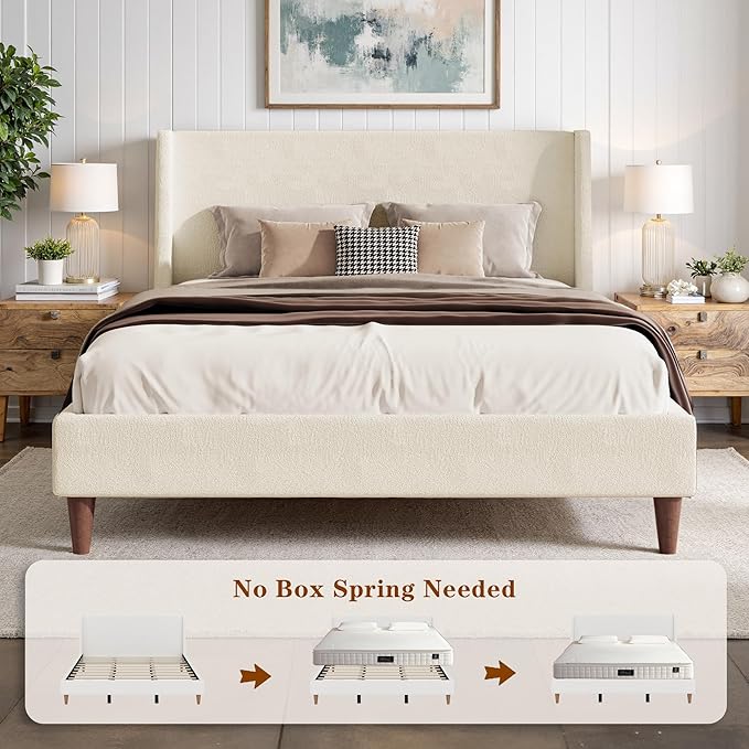 Upholstered Bed Frame Queen Size, 43" Tall Headboard Wingback Upholstered Platform Beds Bedframe for Kids Teens Adults Bedroom Strong Wood Slats Support No Box Spring Needed, Ivory Boucle