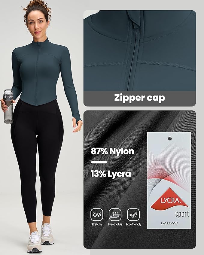 Women BBL Jacket Full Zip UP Workout Athletic Cropped Jacket wIth Thumb Holes Running Yoga Sportswear