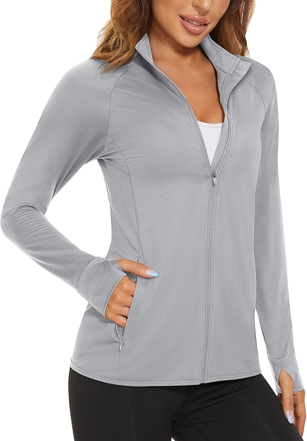 MAGCOMSEN Women's UPF 50+ Lightweight Athletic Jacket Sun Protection Full Zip Long Sleeve Shirts Hiking Outdoor Pockets
