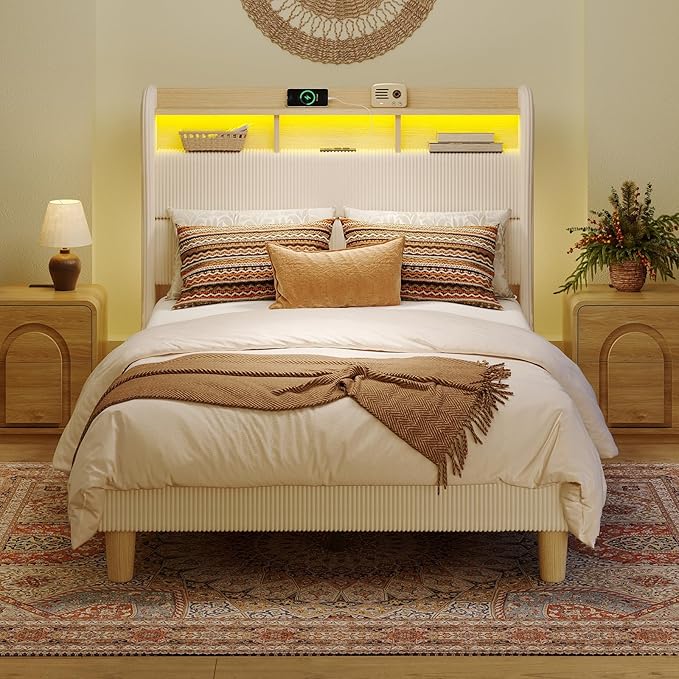 Bestier Queen Size Upholstered Wingback Bed Frame with 51” High Headboard Corduroy Fabric RGB LED Lights, Charging Station Dual Storage Shelves Modern Off White Platform Bed No Box Spring Needed
