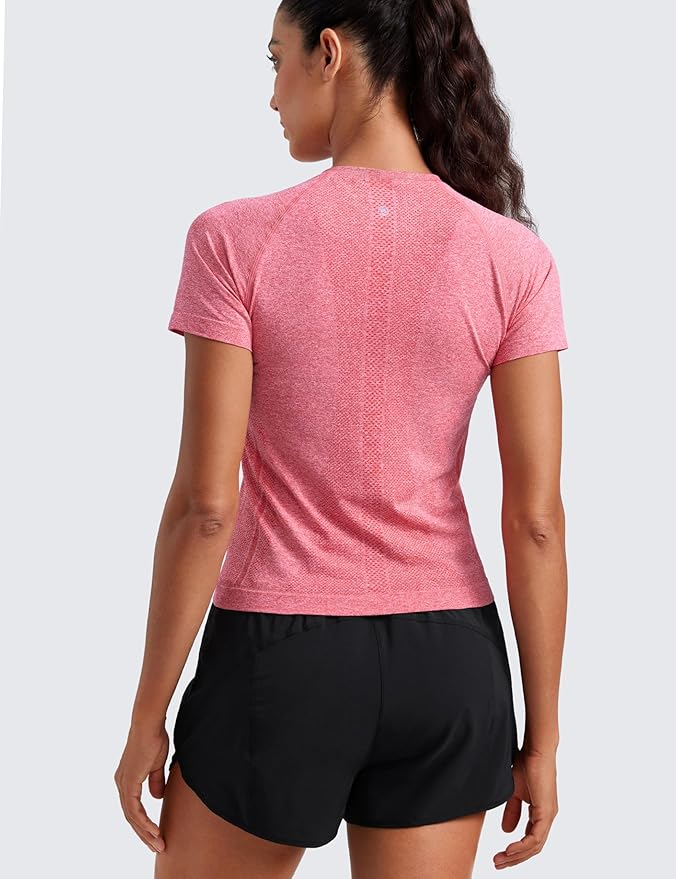 CRZ YOGA Seamless Workout Tops for Women Waist Length - Running Gym Athletic Yoga Short Sleeve Shirts Breathable Crewneck