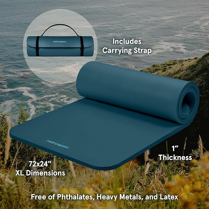 Retrospec Solana Yoga Mat 1" Thick w/Nylon Strap for Men & Women - Non Slip Exercise Mat for Home Yoga, Pilates, Stretching, Floor & Fitness Workouts