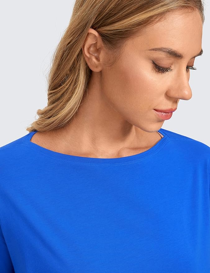 CRZ YOGA Pima Cotton Boat Neck Long Sleeve Shirts for Women - Workout Athletic Yoga Casual Tops Loose Fit Fall T-Shirts