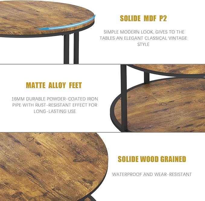NSdirect Round Coffee Table, 27.6" Small Coffee Table for Living Room,2-Tier Rustic Wood Desktop with Storage Shelf Modern Design Home Furniture(Brown)