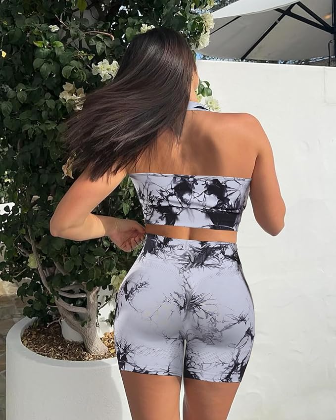 OLCHEE Workout Sets for Women 2 Piece Backless Halter Sports Bra High Waist Booty Shorts Yoga Gym Outfits Lounge Activewear