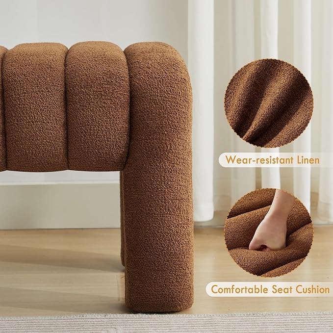 63" Upholstered Boucle Bench Bedroom, Padded King Size Long Ottoman Bench, Sherpa Window Seat for Living Room, Entryway, End of Bed, Rust Brown