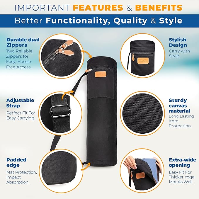 UDANA Yoga Mat Bag – Heavy Duty Canvas Carrier with 3 Pockets & Full Zip – Available in 3 Sizes (16L, 18L, 34L) - Multiple Colors