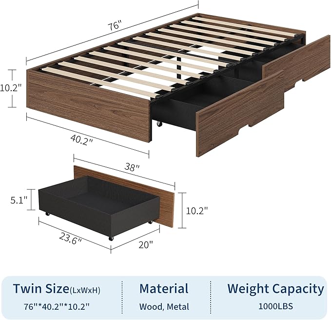 GarveeHome Twin Size Wood Platform Bed Frame with 2 Storage Drawers, Wooden Bed Frame Without Headboard, Wood Slat Support, No Box Spring Needed, Easy Assembly