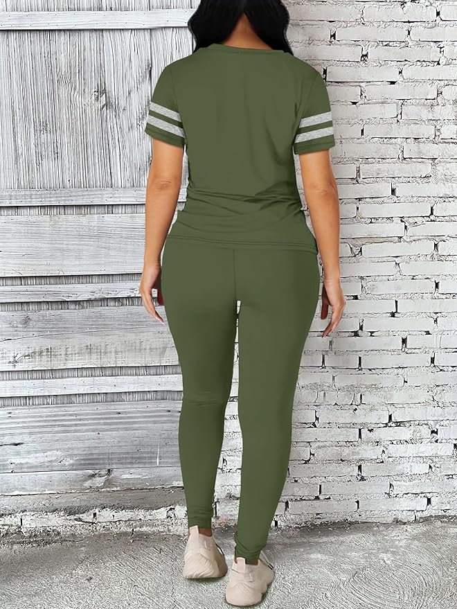 Two Piece Sets for Women Summer Short Sleeve Striped Crewneck Slim Fit Active Casual Sweatsuits