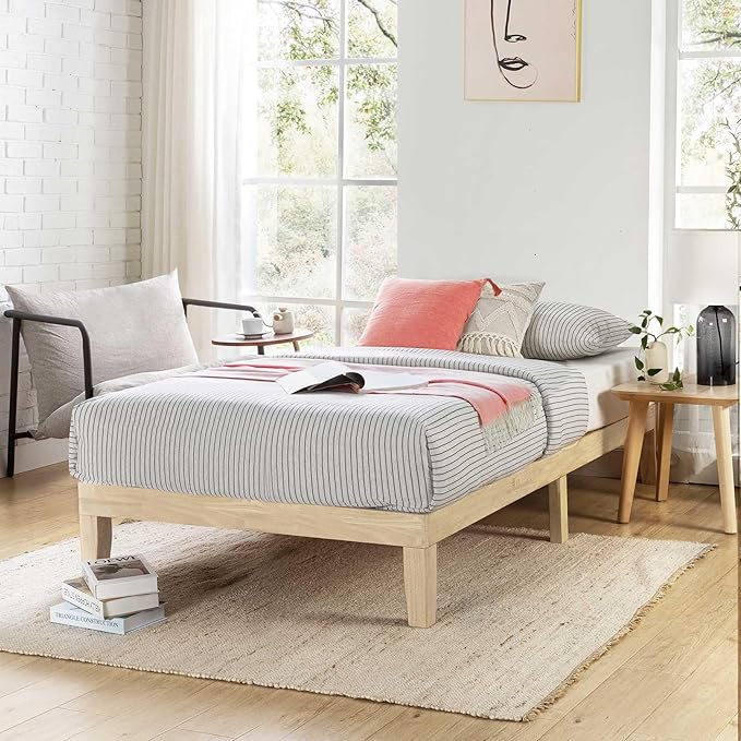 Mellow Naturalista Classic 12 Inch Solid Wood Platform Bed with Wooden Slats, Twin, White Wash