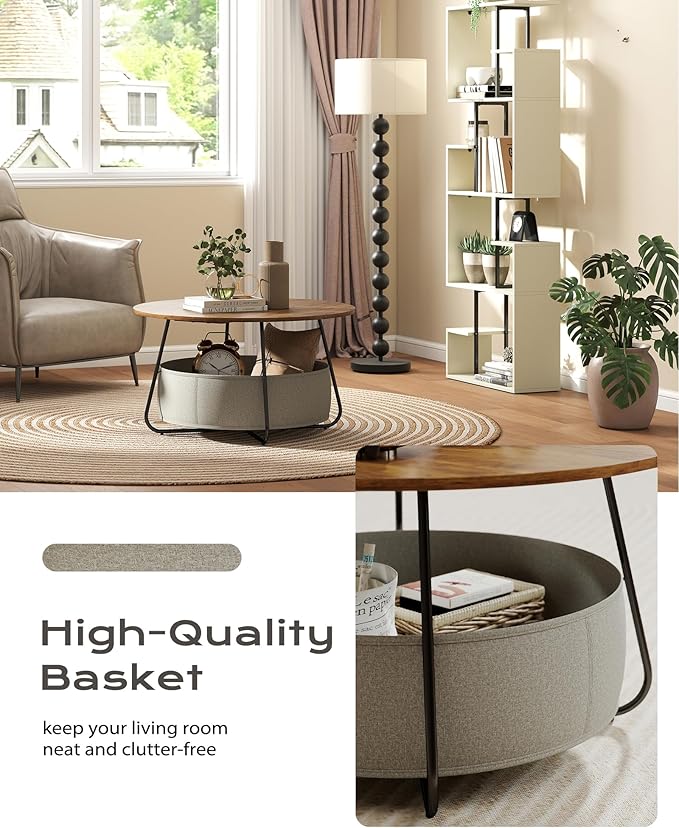 Manora Small Round Coffee Table for Living Room, Modern Center Table with Fabric Basket Storage, Cute Circle Table for Small Spaces, Metal Frame, Brown