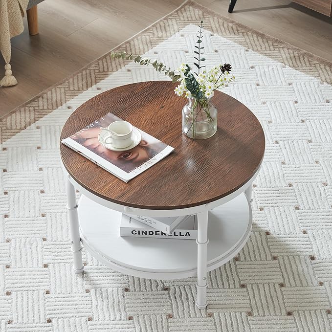 VINGLI 25.6" Rustic Oak White Round Farmhouse Coffee Table, 2-Tier Storage Wood Center Circle Accent Table for Living Room, Bedroom, Apartment, Studio and Small Spaces, Sturdy Metal Frame